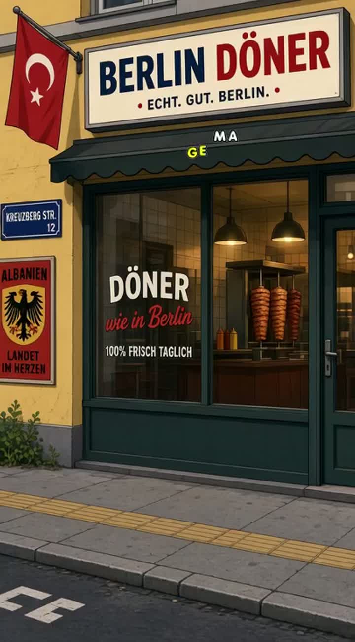 Ein zwanzig jähriger Albaner bestellt einen Döner in Berlin… — AI cartoon