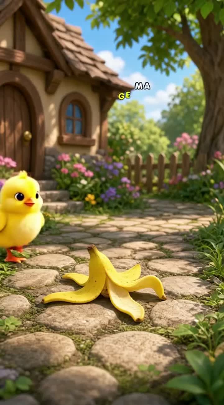 A tiny yellow chick slips on a banana peel, spins around… — AI cartoon