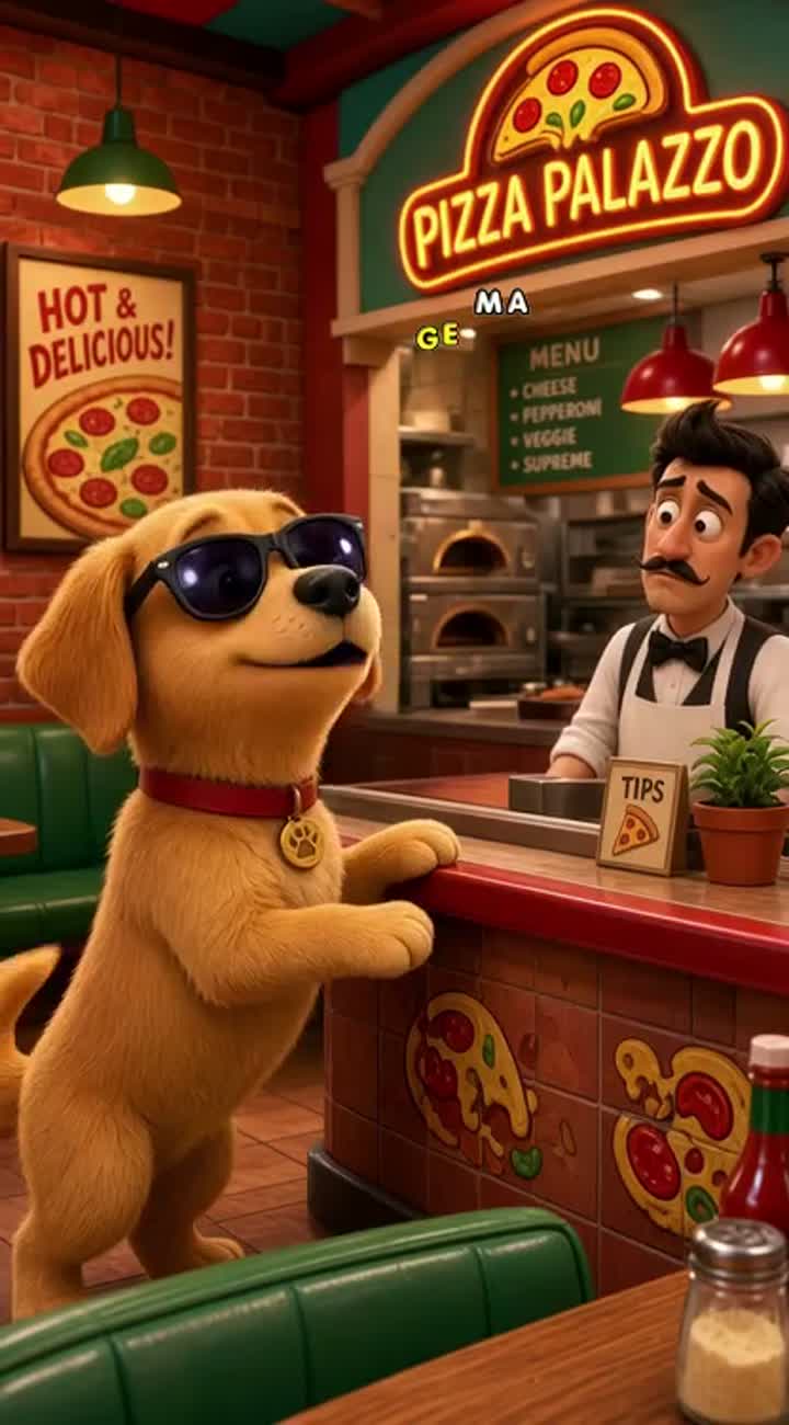 Dog:%20%22One%20large%20pizza,%20please!%22%0AWaiter%3A%20%22Who's%… — AI cartoon