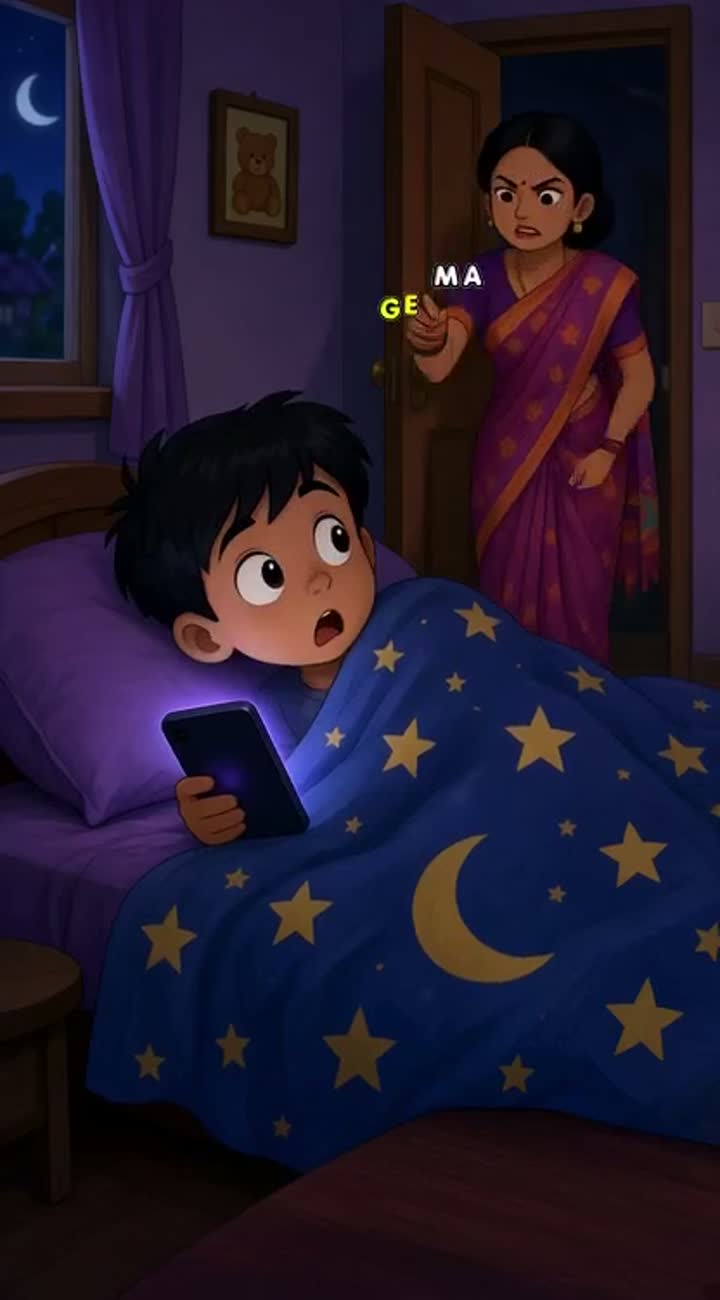 A cute Bengali cartoon boy is hiding under a blanket at night… — AI cartoon