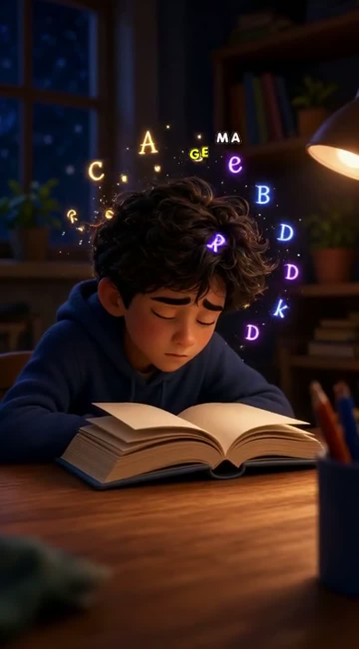 Cinematic 3D cartoon animation of a student sitting at a desk… — AI cartoon
