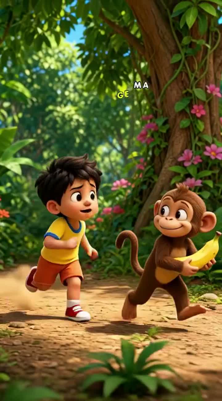 A cute little 3D cartoon child is playing with his monkey friend — AI cartoon