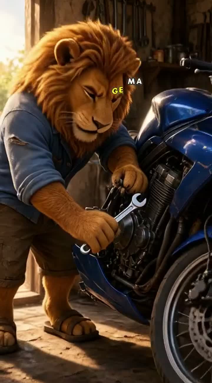 An original anthropomorphic golden-brown lion with a thick orange… — AI cartoon