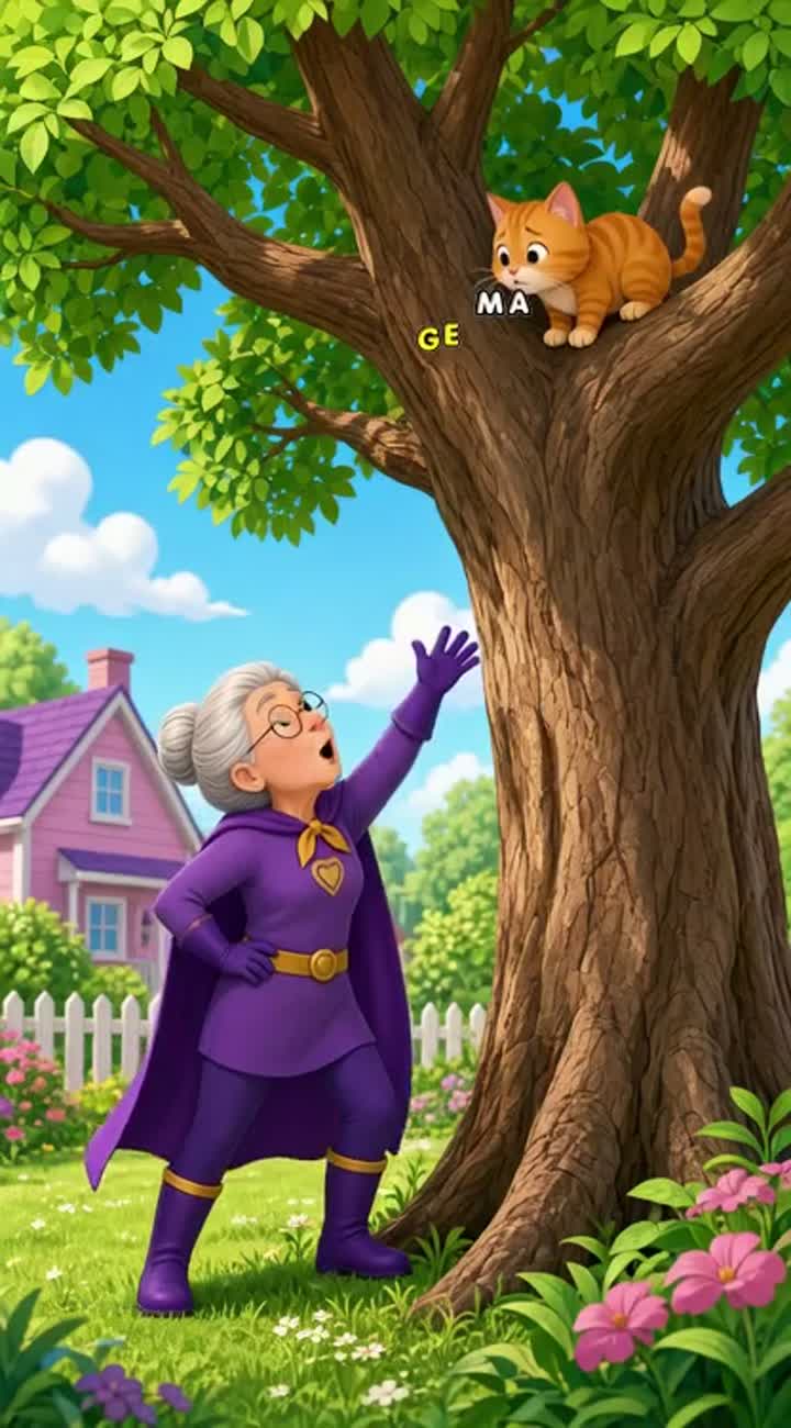 A grandma superhero saving her cat from a tree Animated cartoon… — AI cartoon