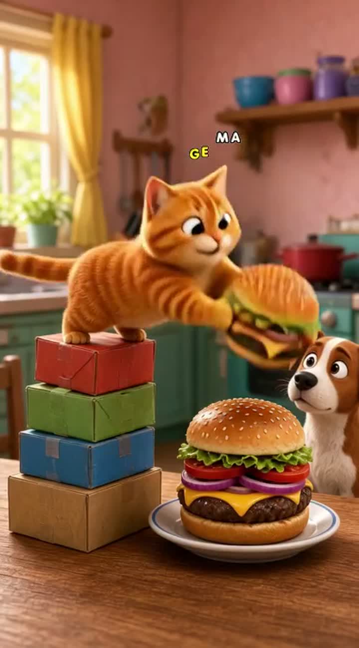 A cute chubby orange cat with big green eyes tries to steal… — AI cartoon