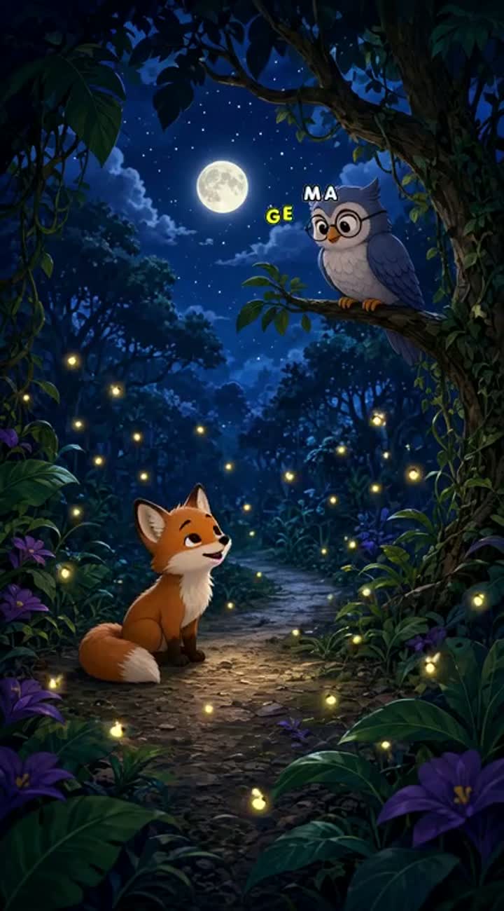Vibrant, colorful 2D animated cartoon jungle scene at night… — AI cartoon