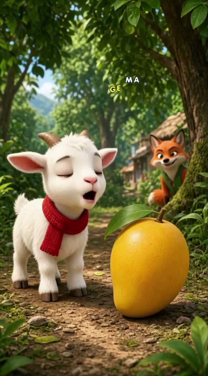 A cute white goat wearing a red scarf discovers a giant golden… — AI cartoon
