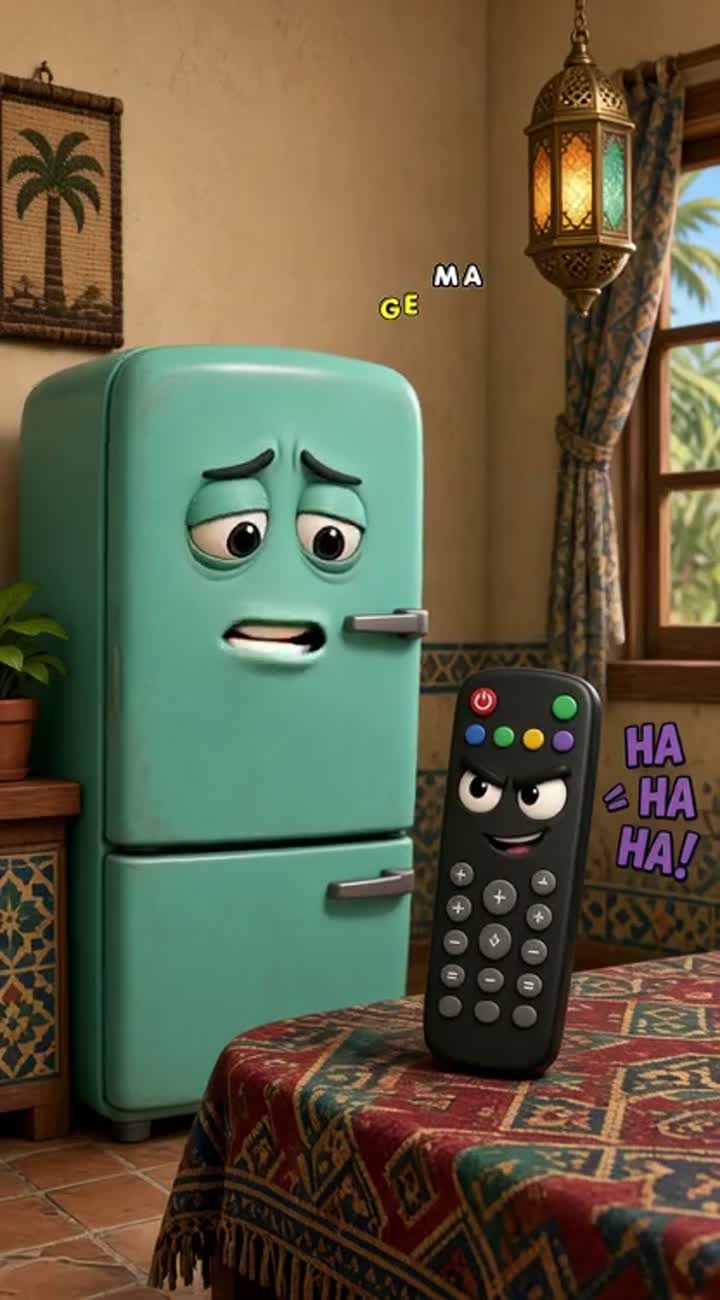 A refrigerator in an Egyptian house is talking to the TV remote… — AI cartoon
