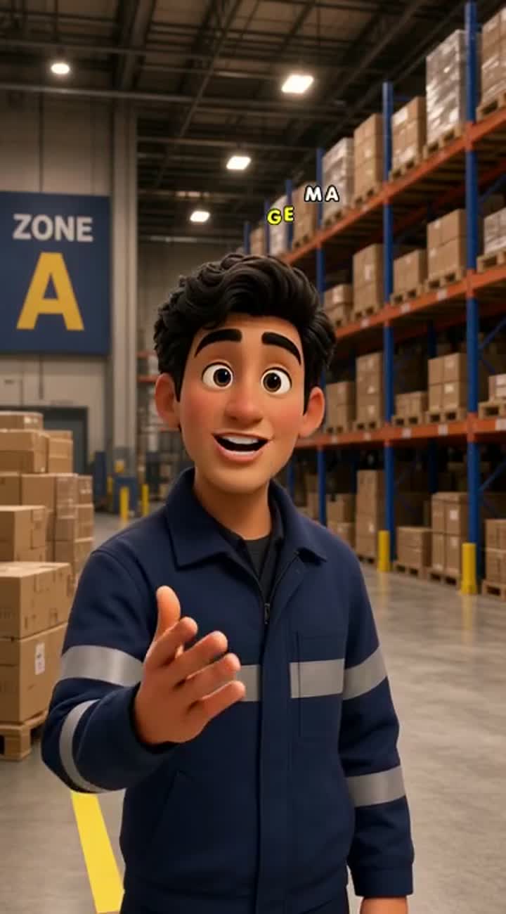 Pixar style short video on a warehouse operator in a navy… — AI cartoon