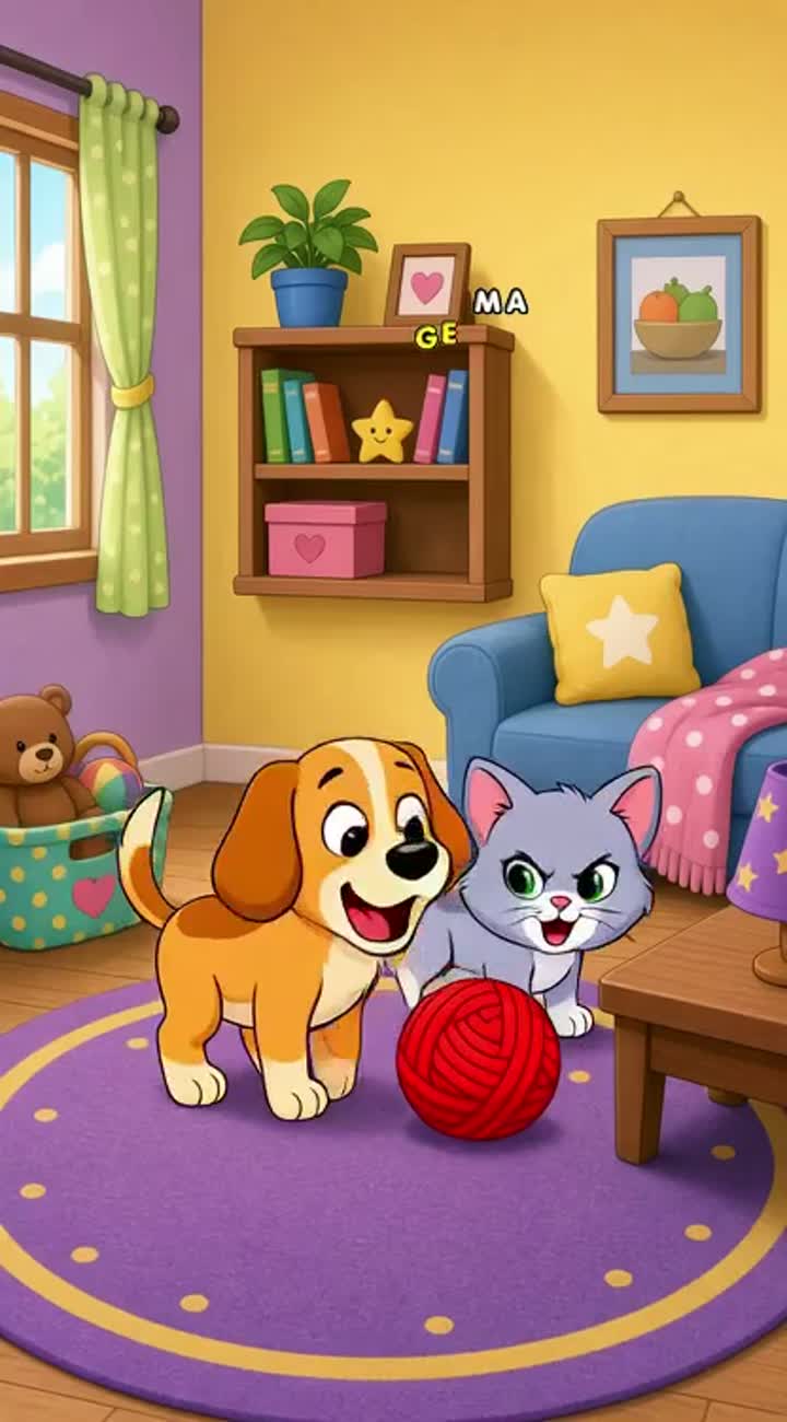 One day, a playful puppy named Tommy and a cute little kitten… — AI cartoon