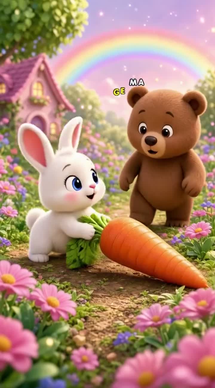 A tiny, adorable white bunny with big sparkling eyes finds a giant… — AI cartoon