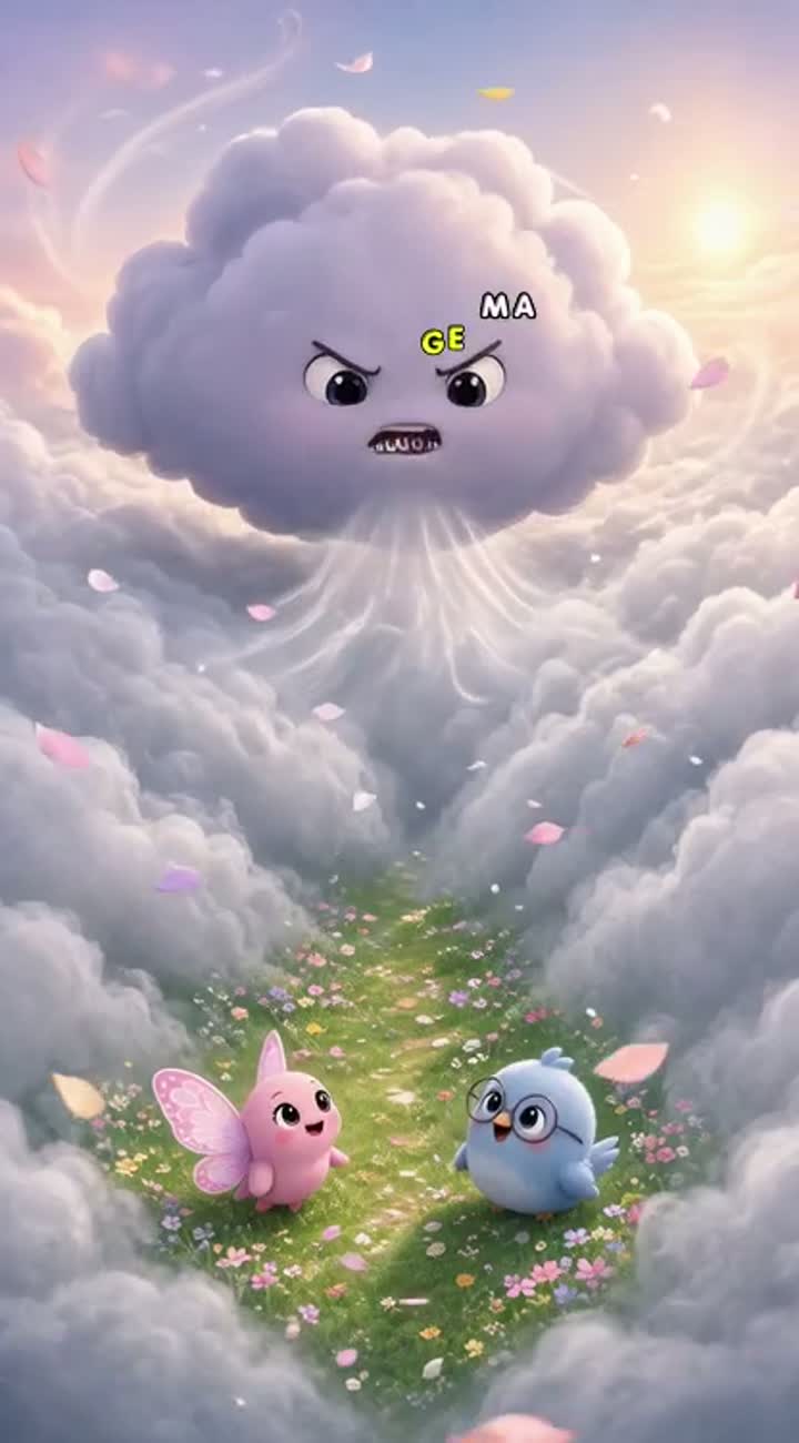 In a soft pastel sky meadow filled with floating flower petals… — AI cartoon