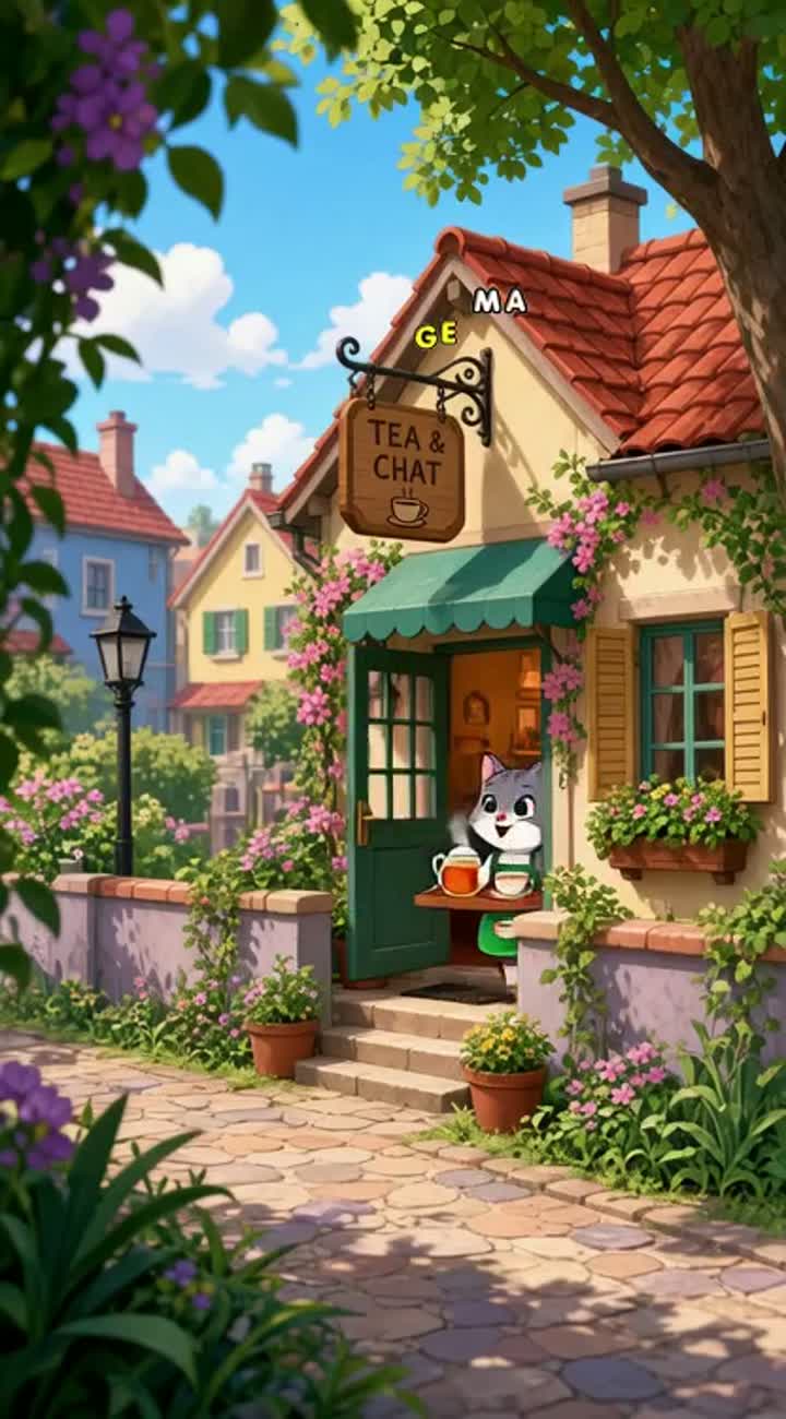 A funny neighborhood story where a tea-serving cat brings everyone… — AI cartoon