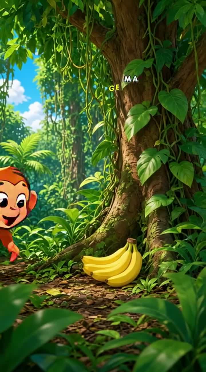 In a cheerful jungle, a monkey lives among the trees — AI cartoon