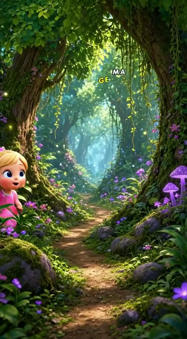 A cute cartoon girl walking in a magical forest, colorful 3D animation — AI cartoon