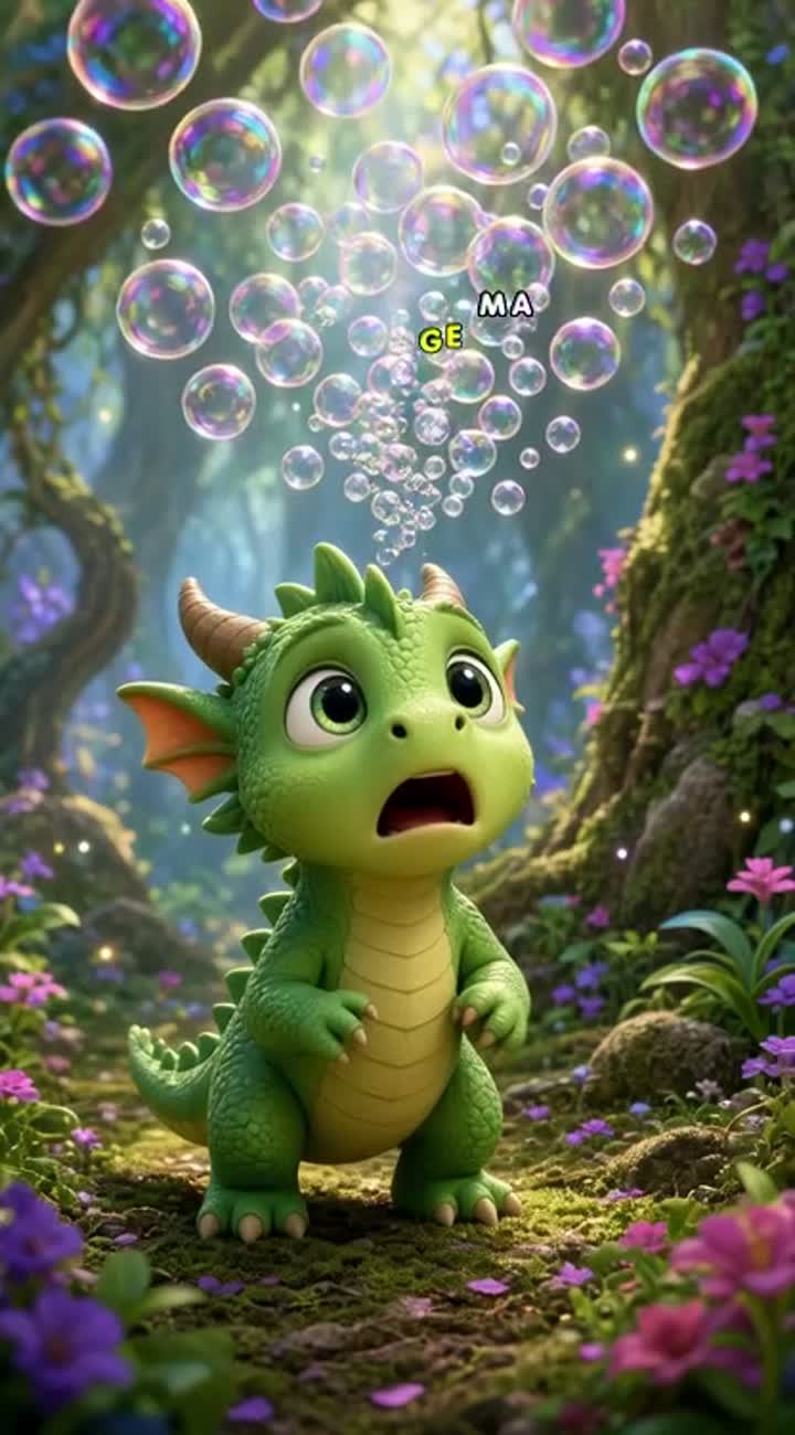 Cute baby green dragon with big expressive eyes… — AI cartoon
