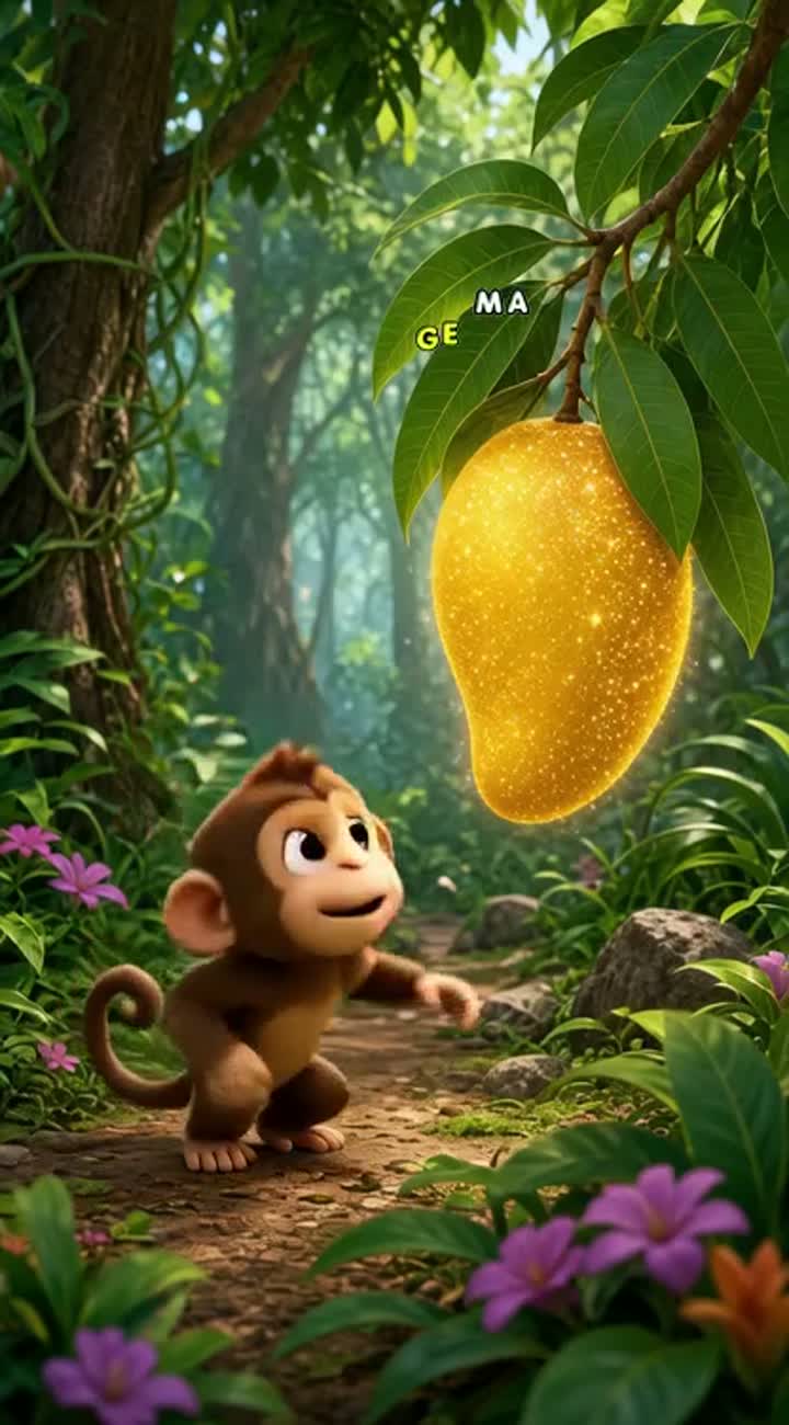 Ek pyara 3D cartoon banao jisme Raju naam ka bandar jungle mein ek… — AI cartoon