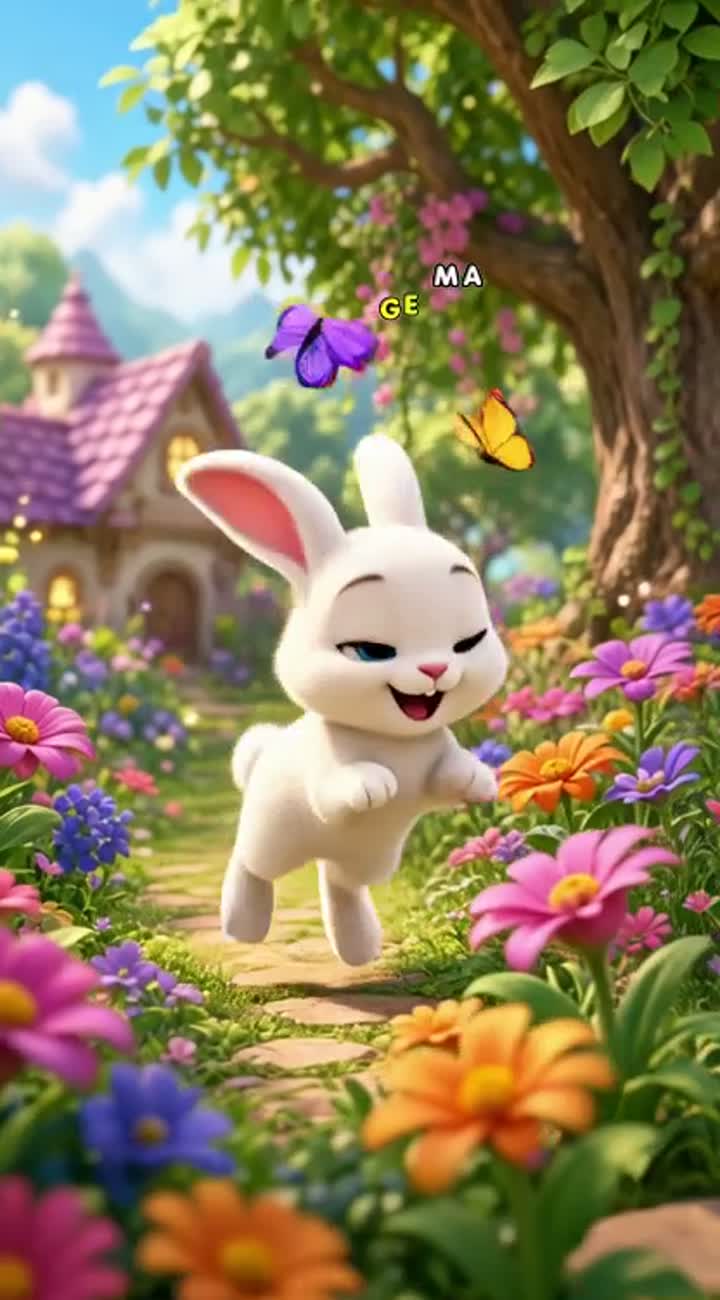 A cute little 3D cartoon rabbit with big blue eyes hopping through… — AI cartoon