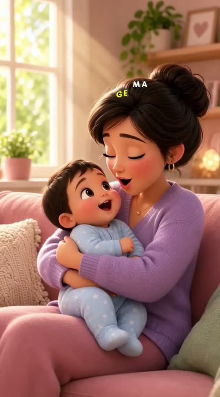 Cute little baby sitting with his loving mother in a bright cozy… — AI cartoon