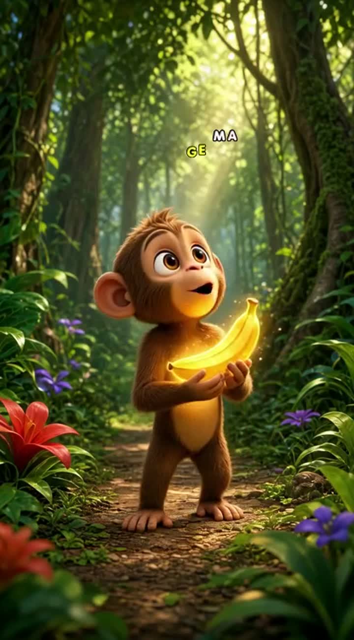 A cute little monkey finds a magical golden banana in the forest — AI cartoon