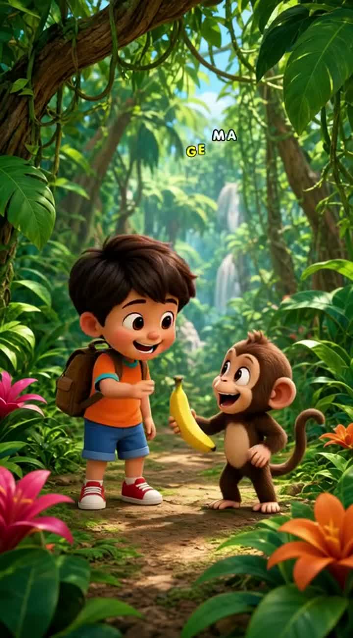 A little boy and a funny baby monkey meet in a colorful jungle — AI cartoon