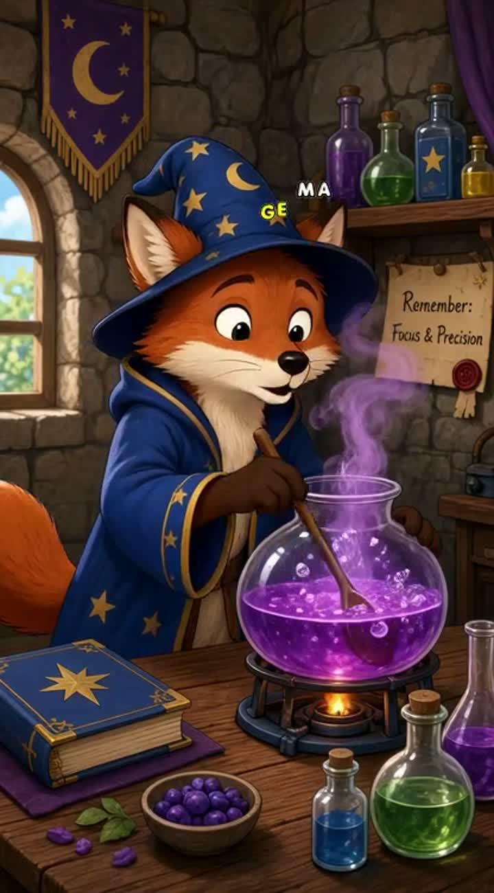 A wizard fox brewing a potion that goes wrong Animated cartoon… — AI cartoon