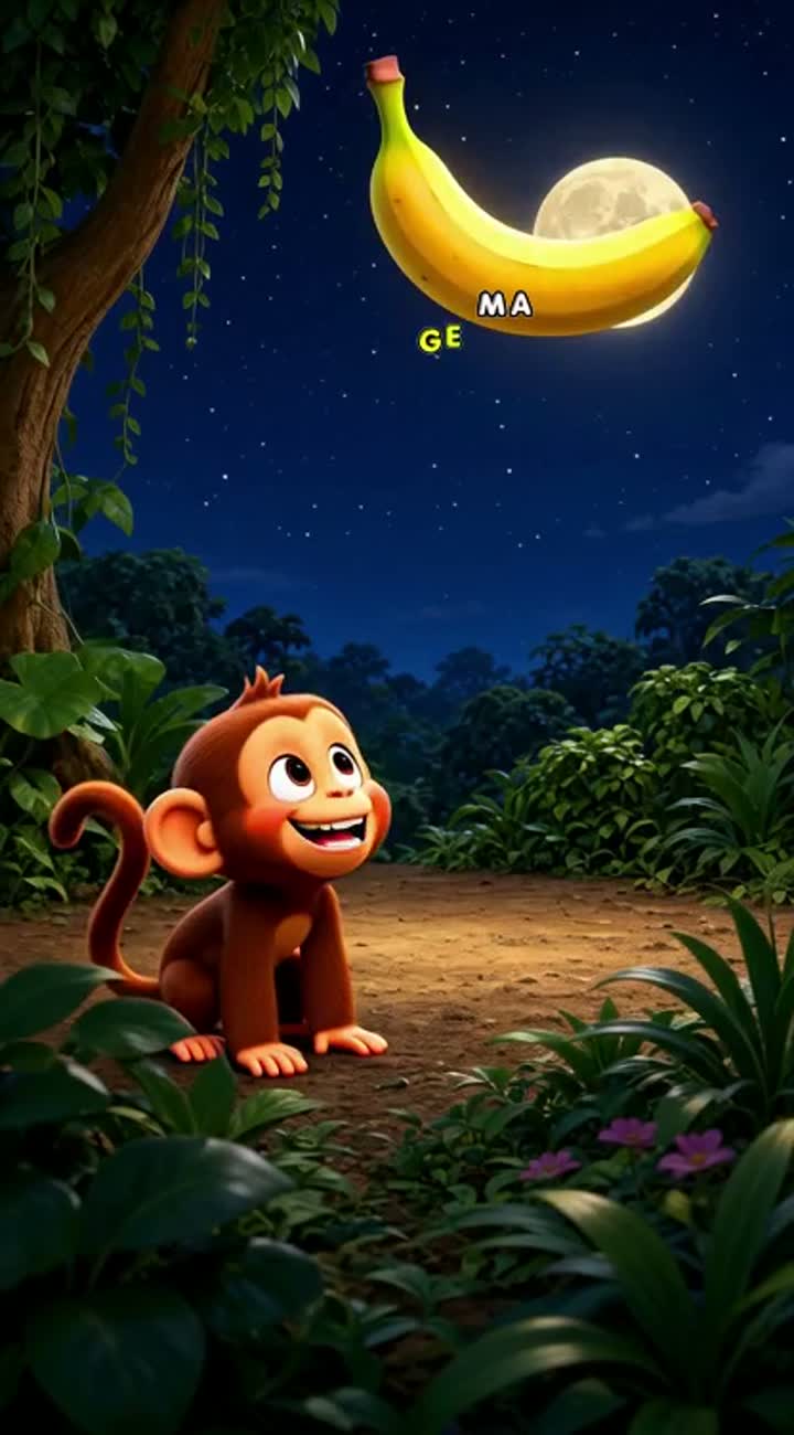 A cute monkey mistakes the moon for a giant banana… — AI cartoon