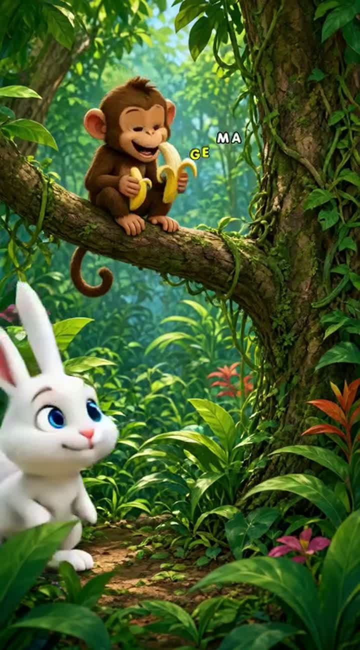 Vibrant, colourful animated cartoon in a lush green jungle… — AI cartoon