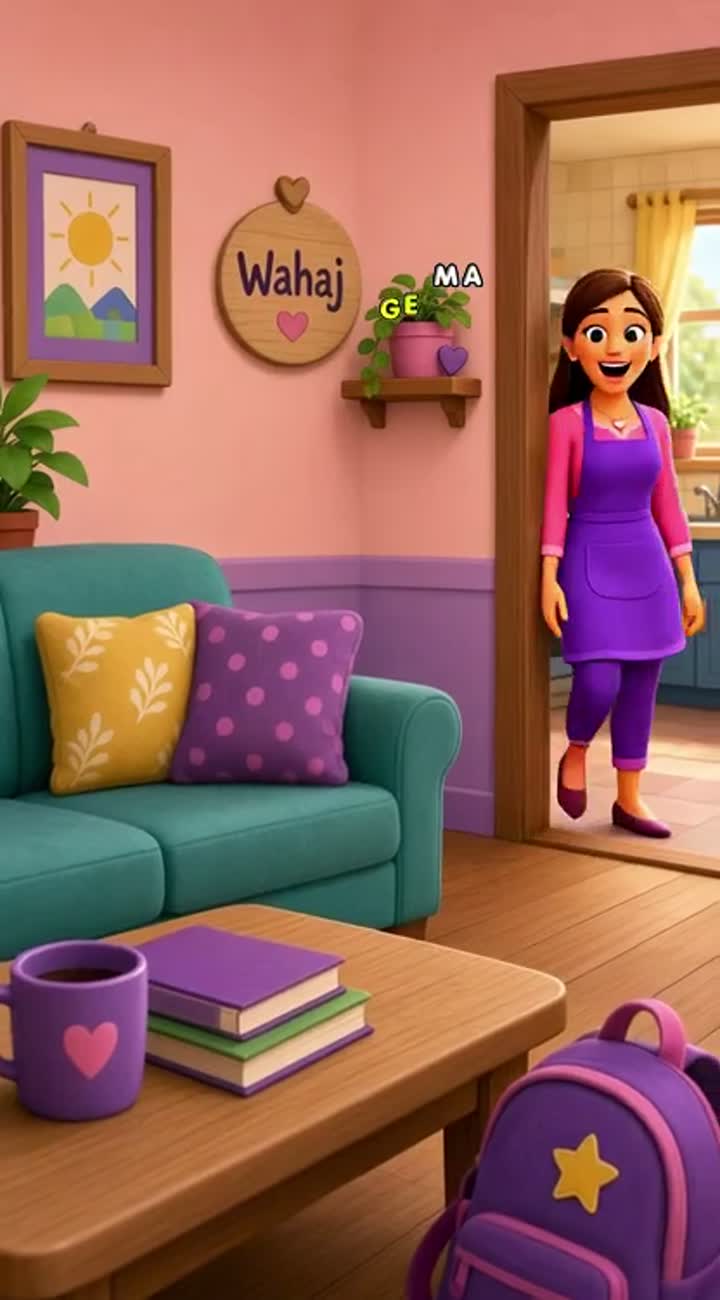 Mom her name is Wahaj takes care of her kids 3 boys and one girl — AI cartoon