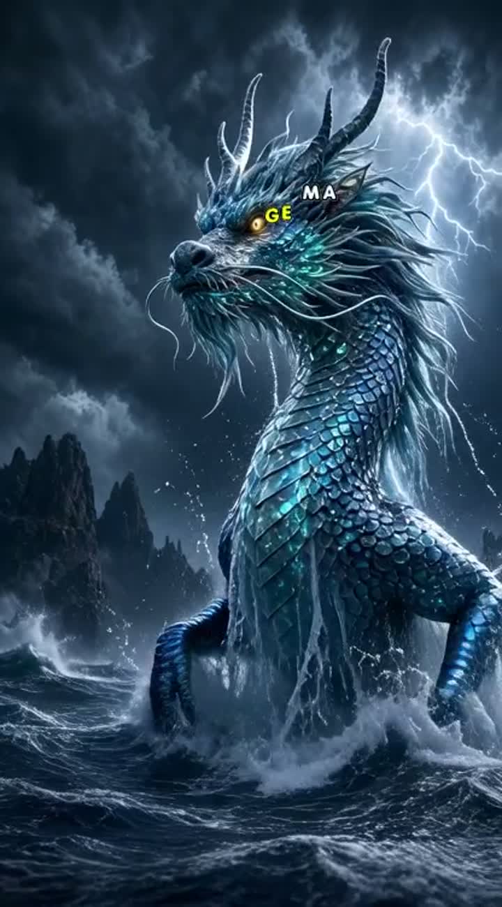 A colossal Eastern celestial water dragon erupts majestically… — AI cartoon