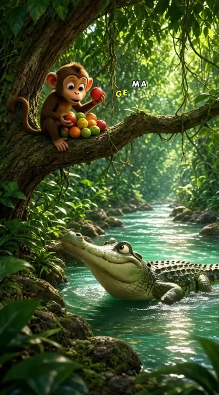 A lush jungle and along a river — AI cartoon