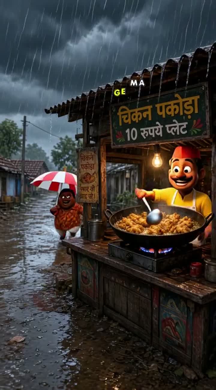 Chicken Pakora Seller in the Rain — AI cartoon