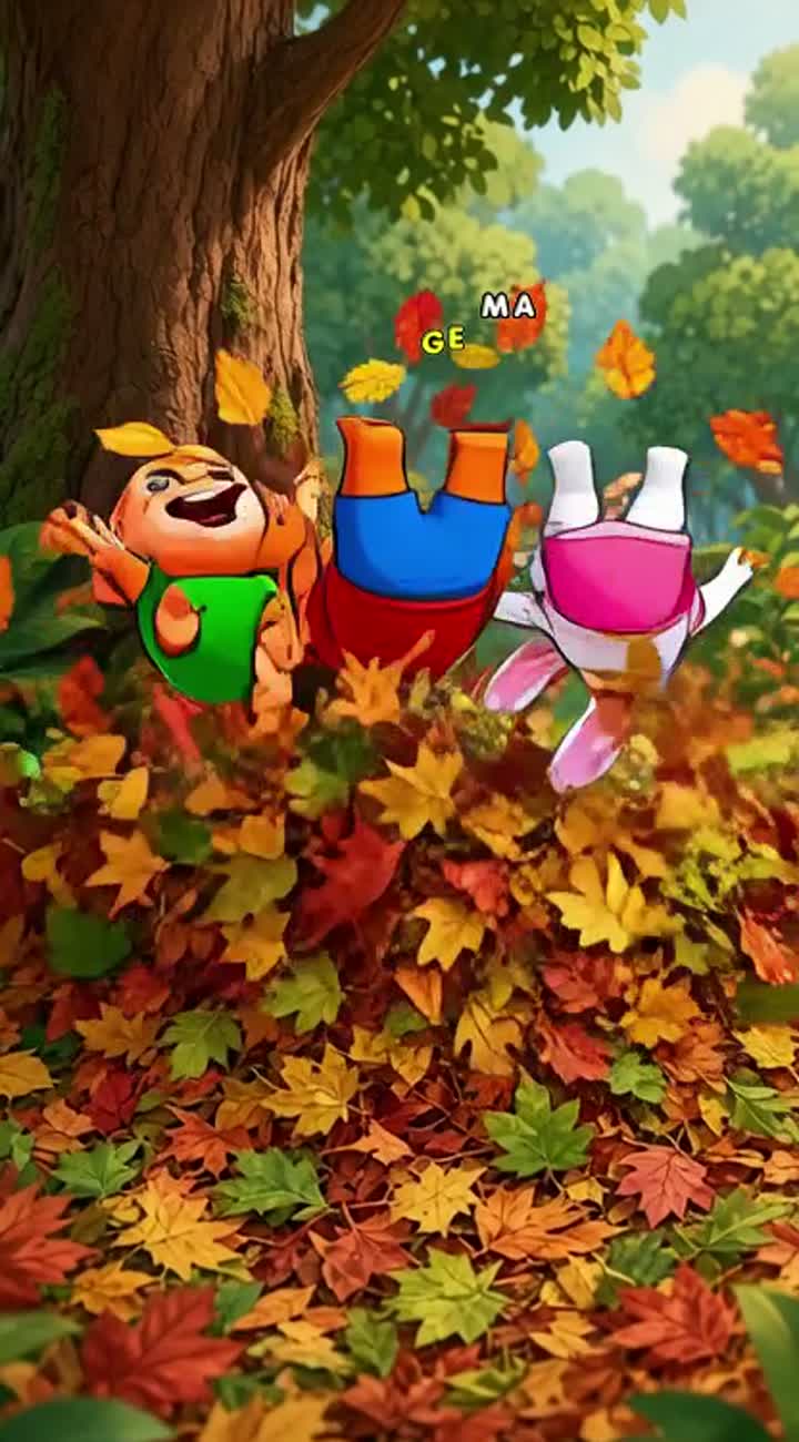 Animation: The friends tumble into a soft pile of leaves — AI cartoon