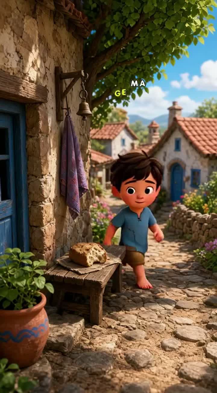 Unique 3D cartoon story about a poor boy who shares his last piece… — AI cartoon
