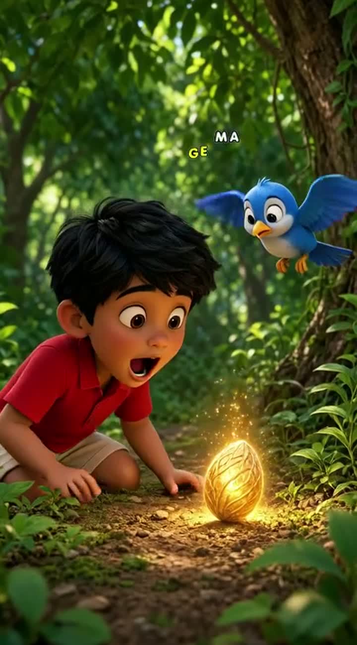 A cute Indian village boy named Raju wearing a red shirt discovers… — AI cartoon