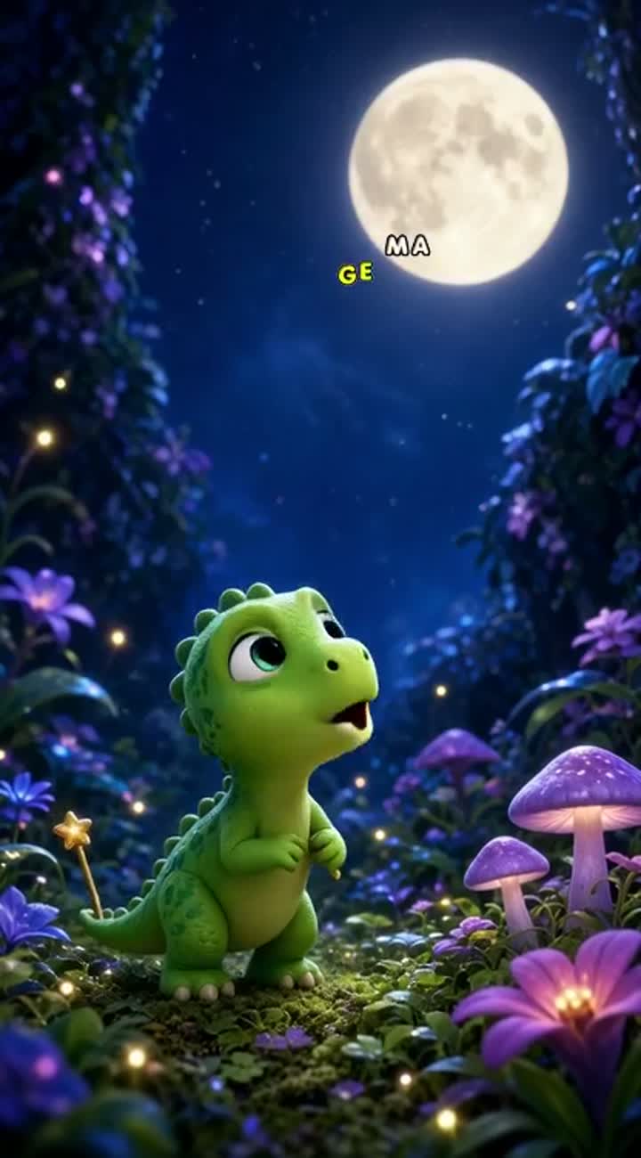 In a magical forest at night, a tiny, adorable green baby dinosaur… — AI cartoon