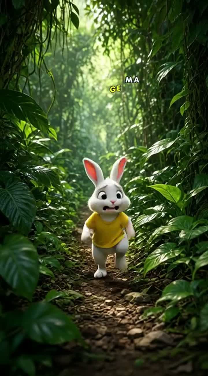 A cute white rabbit wearing a yellow shirt runs through a green… — AI cartoon