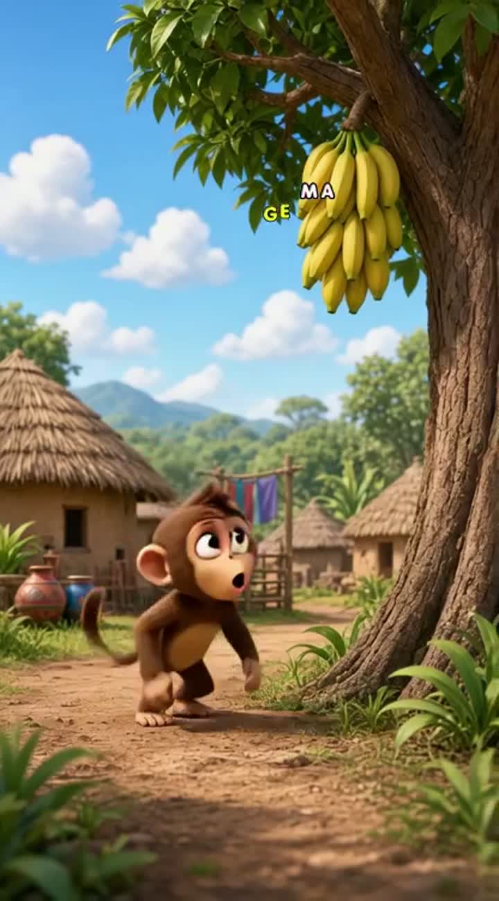 Fun 3D cartoon video of a clever little monkey walking through… — AI cartoon