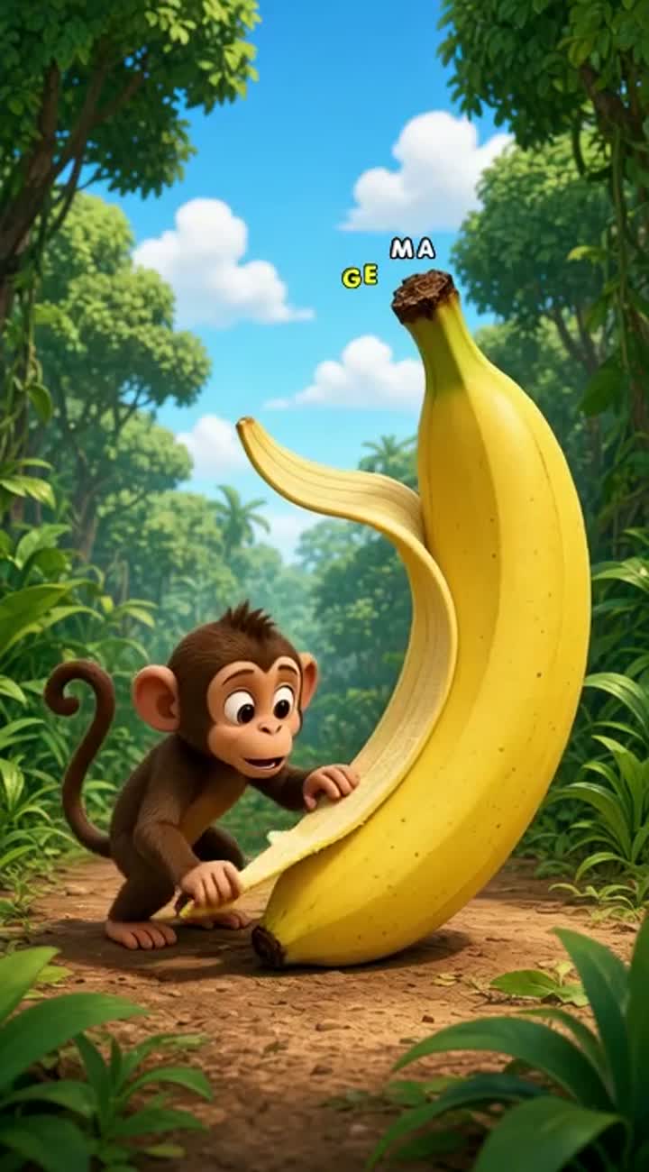 Vertical 9:16, the giant golden banana suddenly stops — AI cartoon