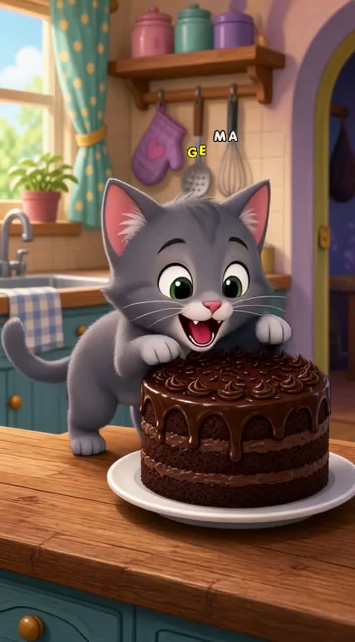 A cute little cat smelled a delicious chocolate cake and took… — AI cartoon