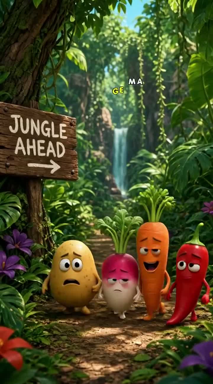 Four funny 3D vegetable friends - Potato, Radish, Carrot… — AI cartoon