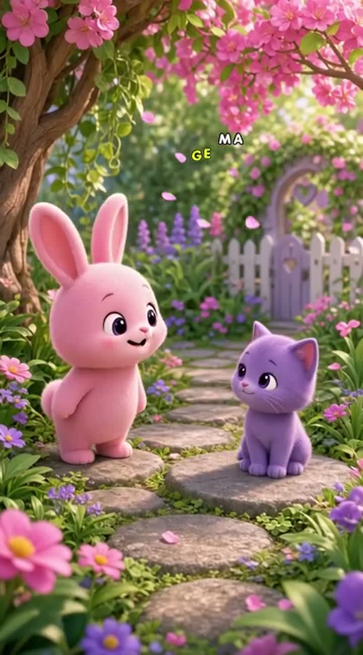 A cute pink bunny meets a tiny purple kitten in a magical garden! — AI cartoon