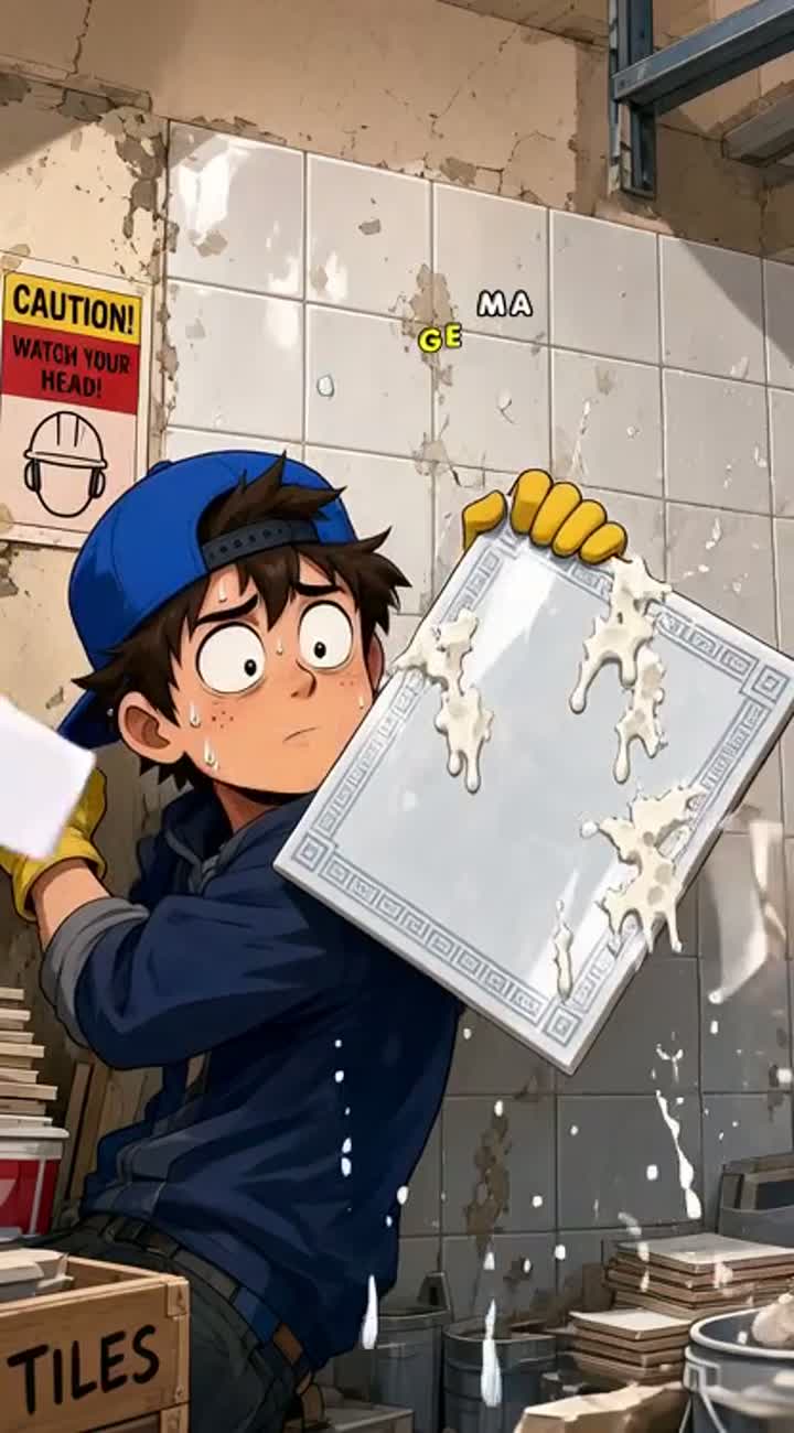 Anime style, clumsy young tiler trying to carefully place a large… — AI cartoon