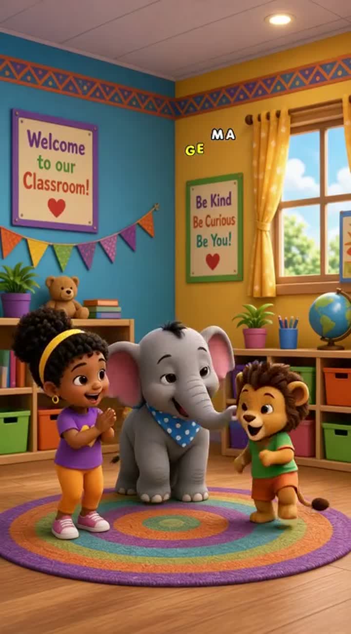 The three friends stand in a colourful classroom and wave happily… — AI cartoon