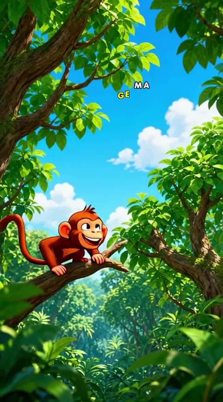 A monkey leaps from one tree to another, moving energetically… — AI cartoon