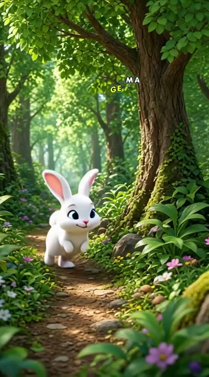 Cute 3D cartoon video about a little white rabbit walking through… — AI cartoon