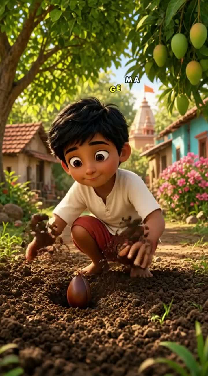 3D cartoon of a cute Indian village boy planting a mango seed… — AI cartoon