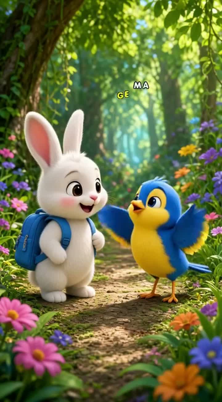 A cute white baby rabbit with a blue backpack meets a cheerful… — AI cartoon