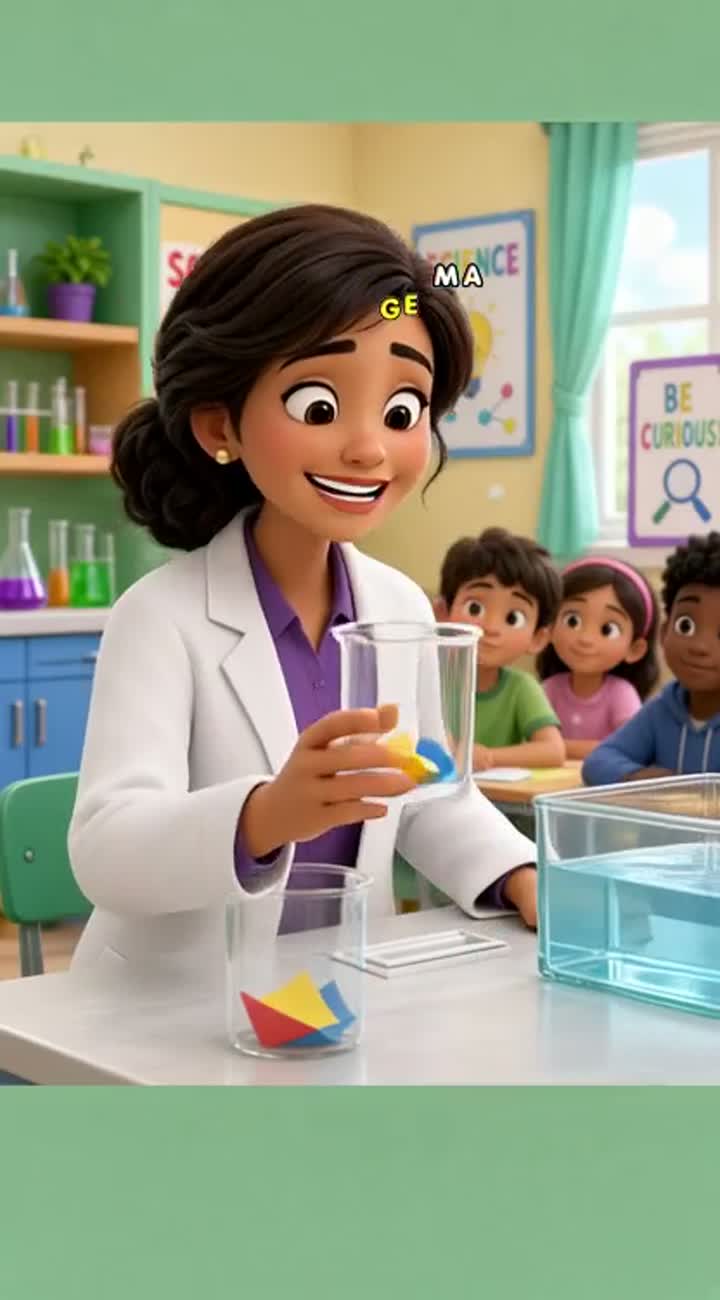 Brightly colored school laboratory, a teacher holds a clear glass… — AI cartoon