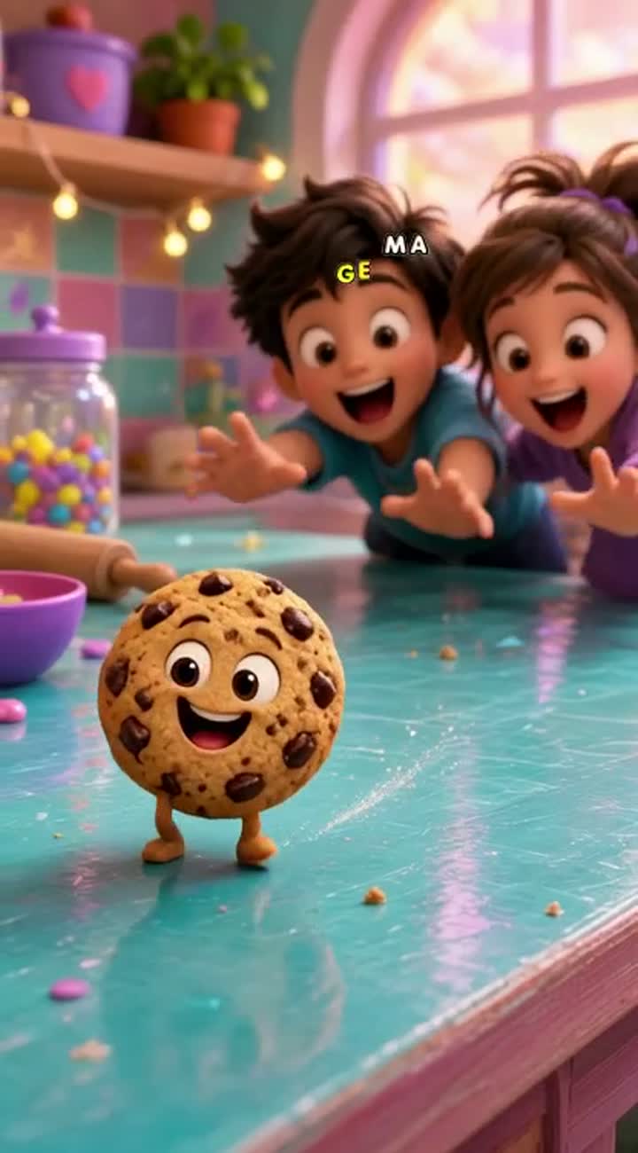 A tiny smiling chocolate-chip cookie with little legs runs away… — AI cartoon